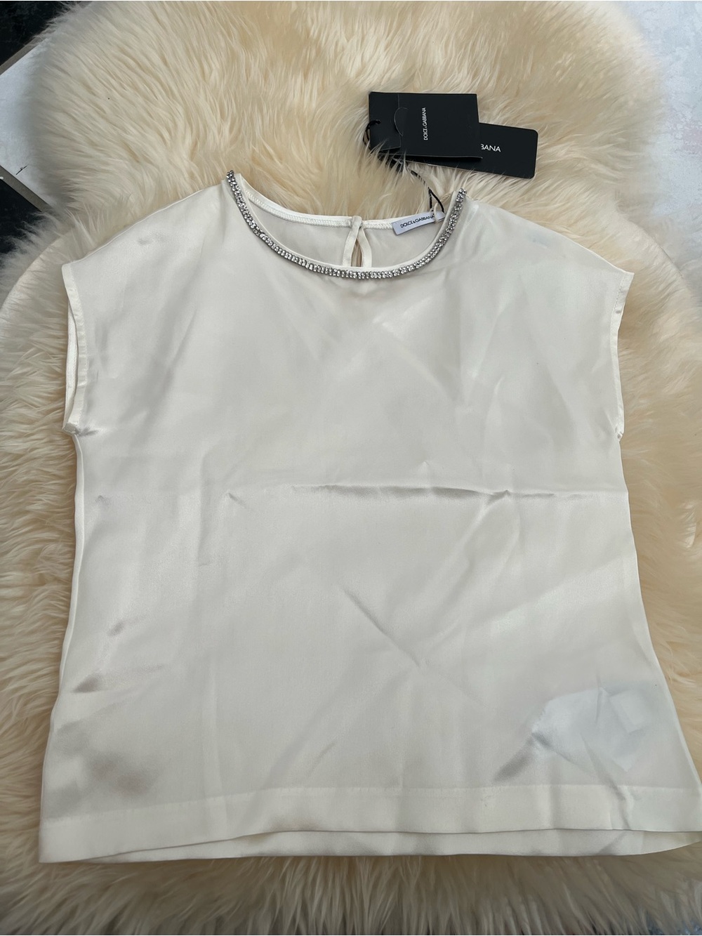 NWT 100% AUTH Dolce & Gabbana Girl's Ivory Embellished Neck Silk Top Sz 6